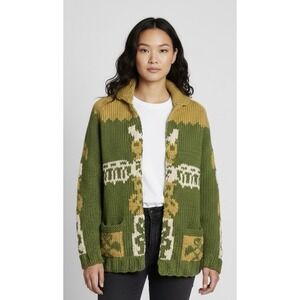 Vintage Cowichan Sweater Womens Size XL Green Totem Alaska Warm Heavy Cardigan